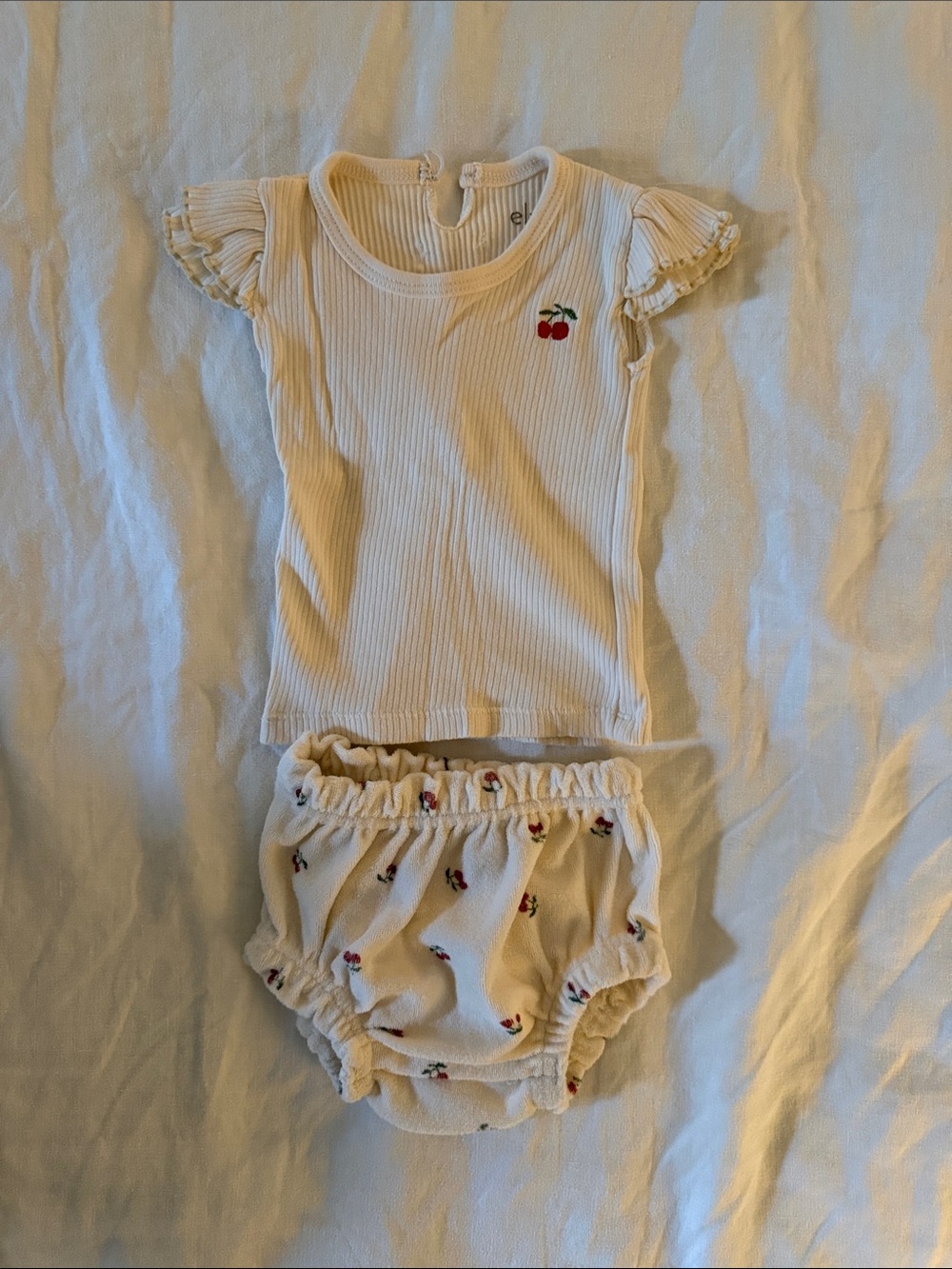 Cream Cherry Ribbed Top and Bloomers Diaper Cover Set